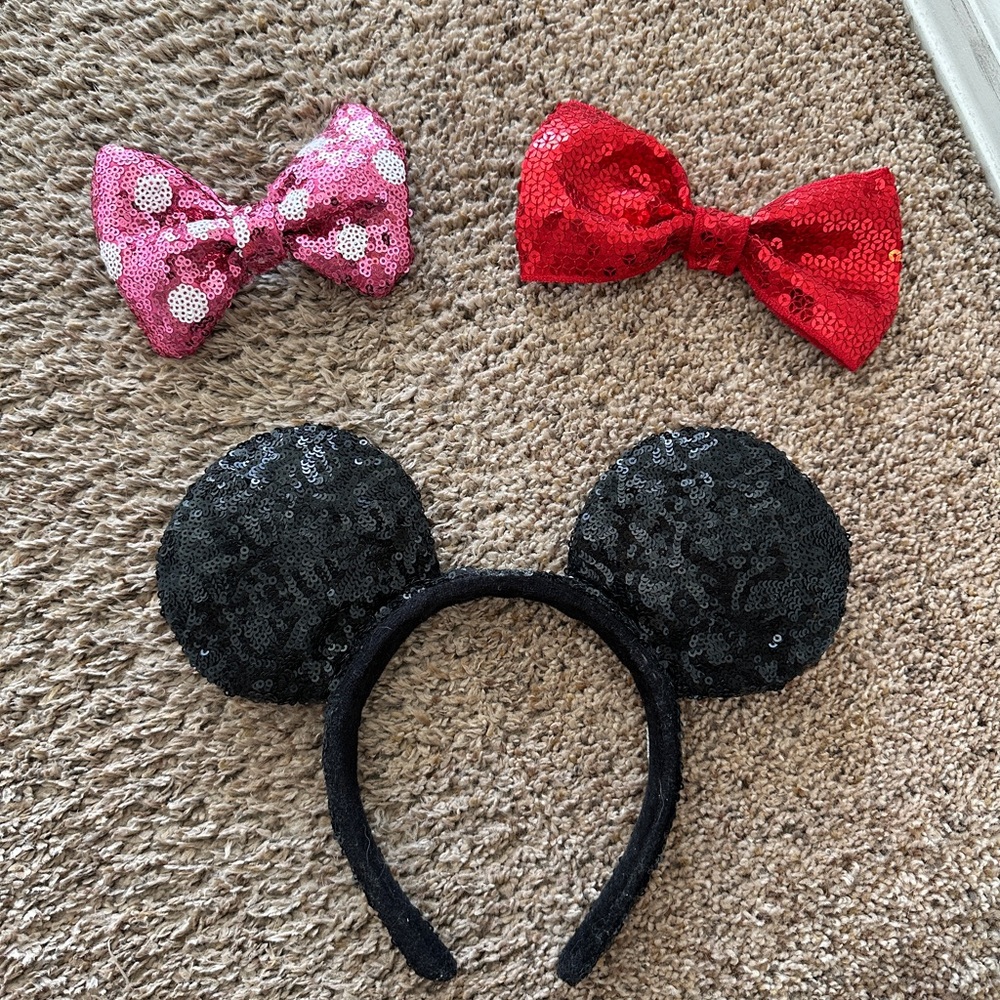 Sequin Black Disney Minnie Mouse Ears Headband with detached Pink and Red Bows